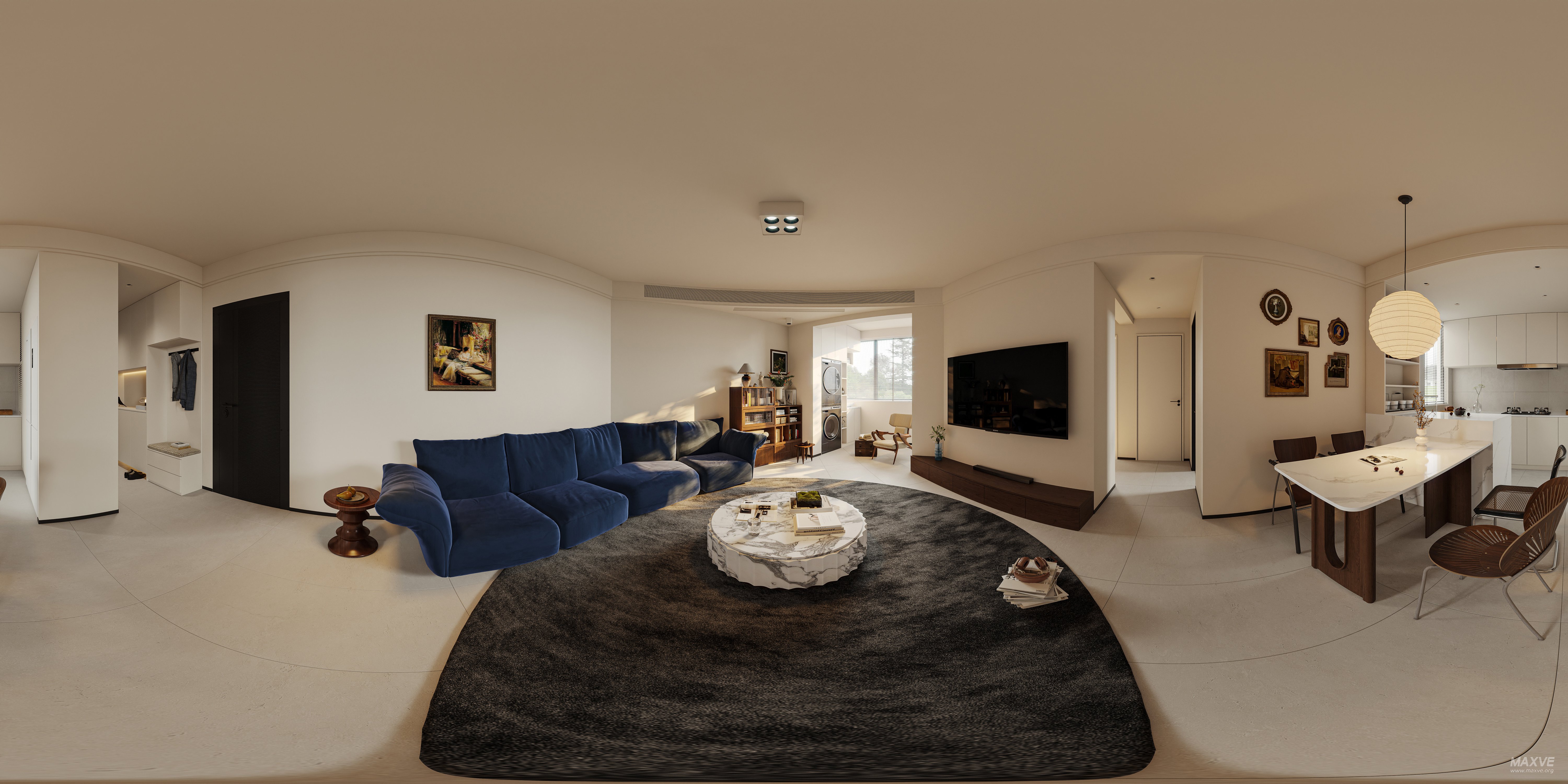 Modern living room and dining room interior scene - 360° Thumbnail