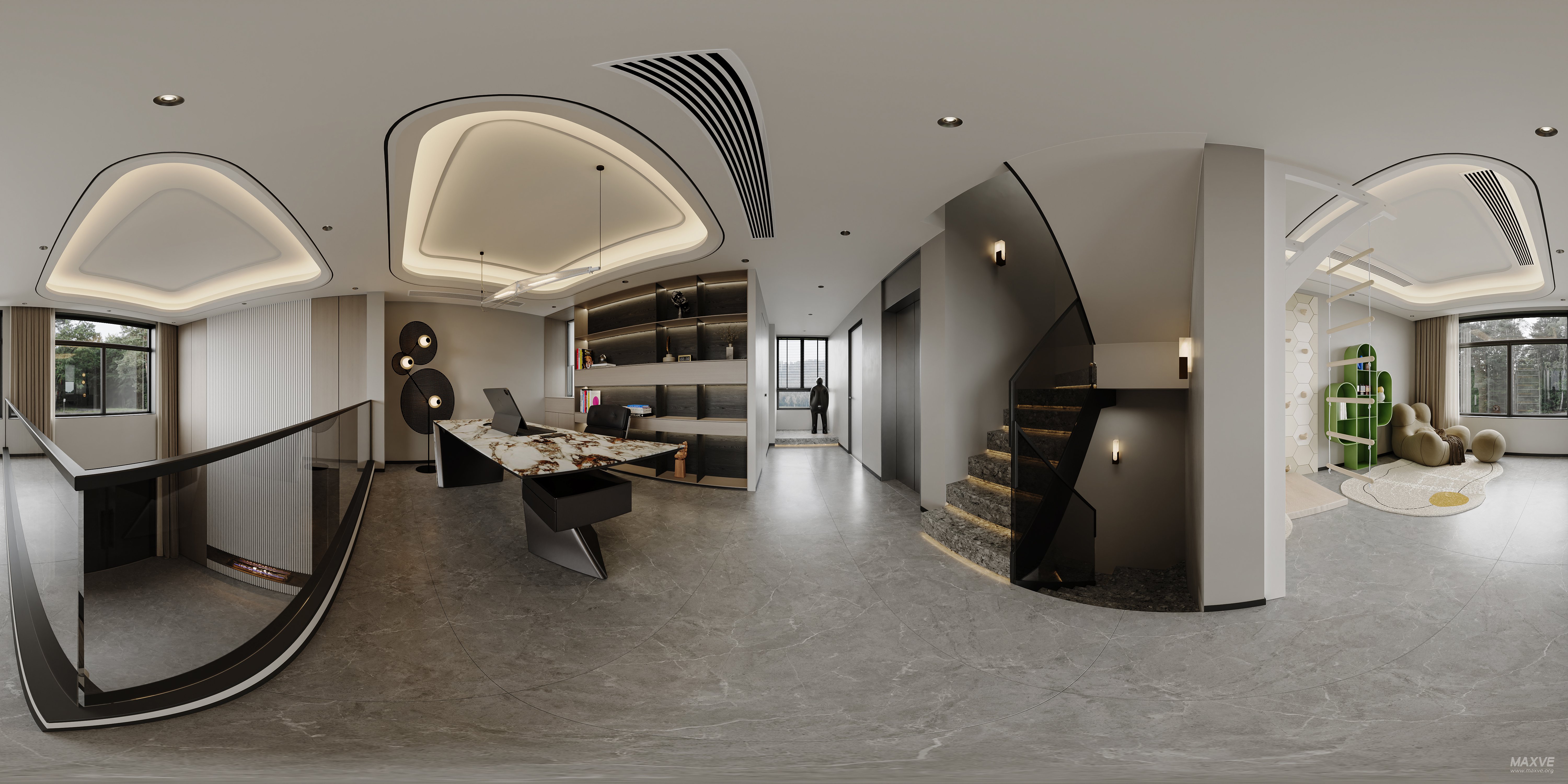 Modern living room and dining room interior scene - 360° Thumbnail