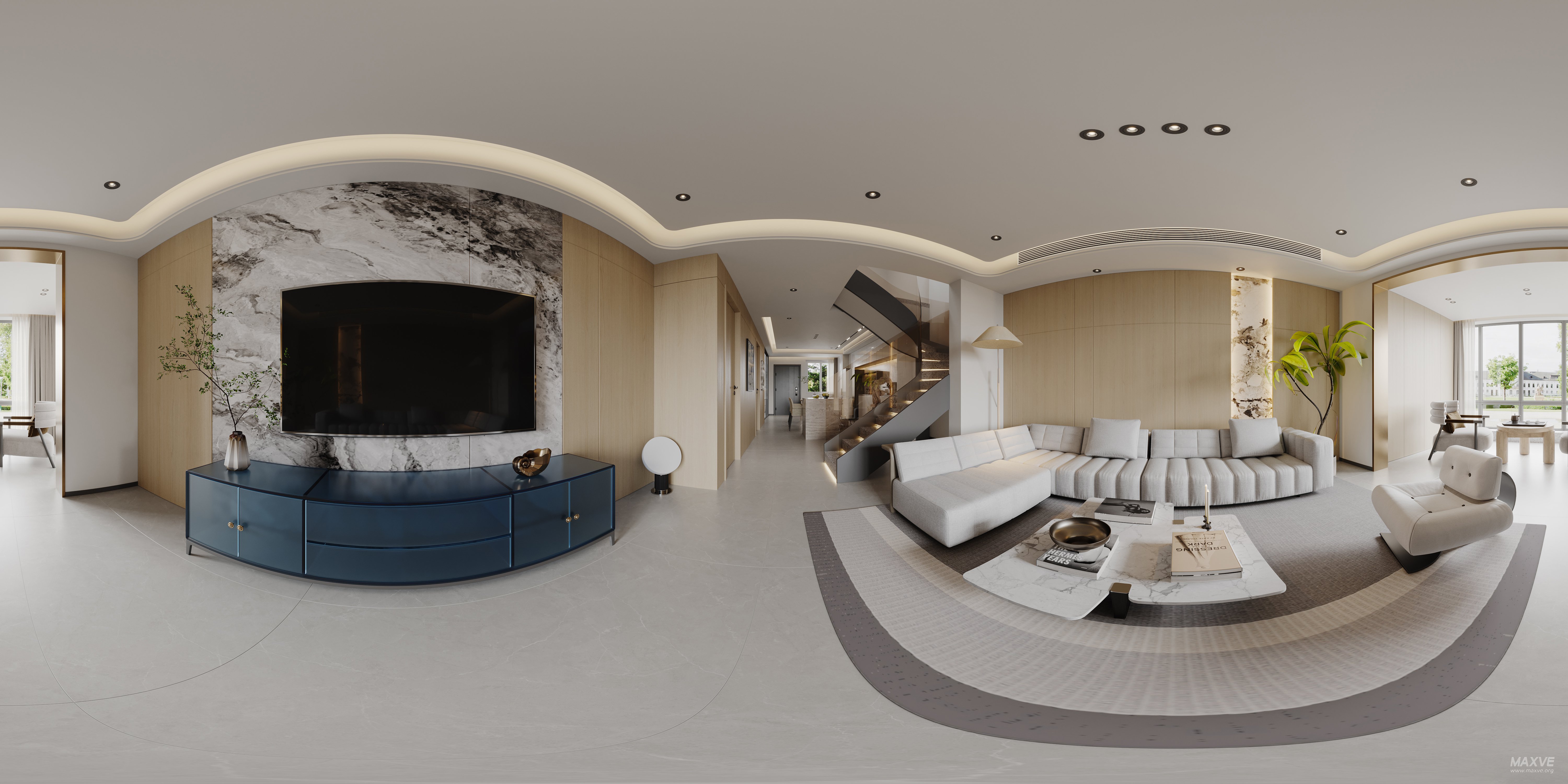 Modern living room and dining room interior scene - 360° Thumbnail
