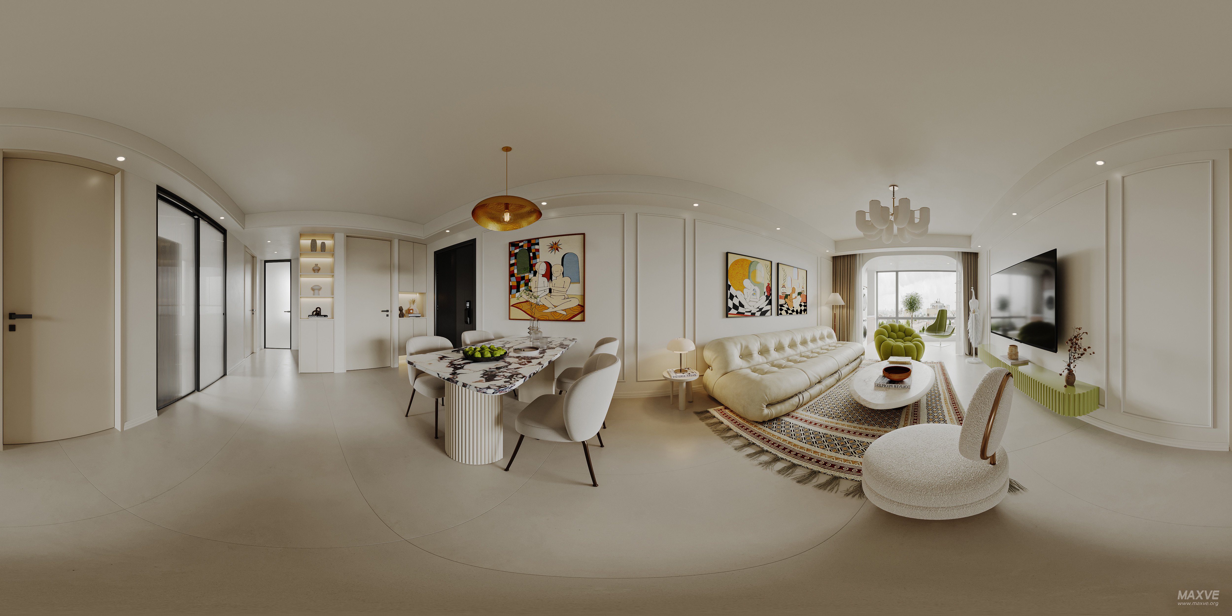 Modern living room and dining room interior scene - 360° Thumbnail