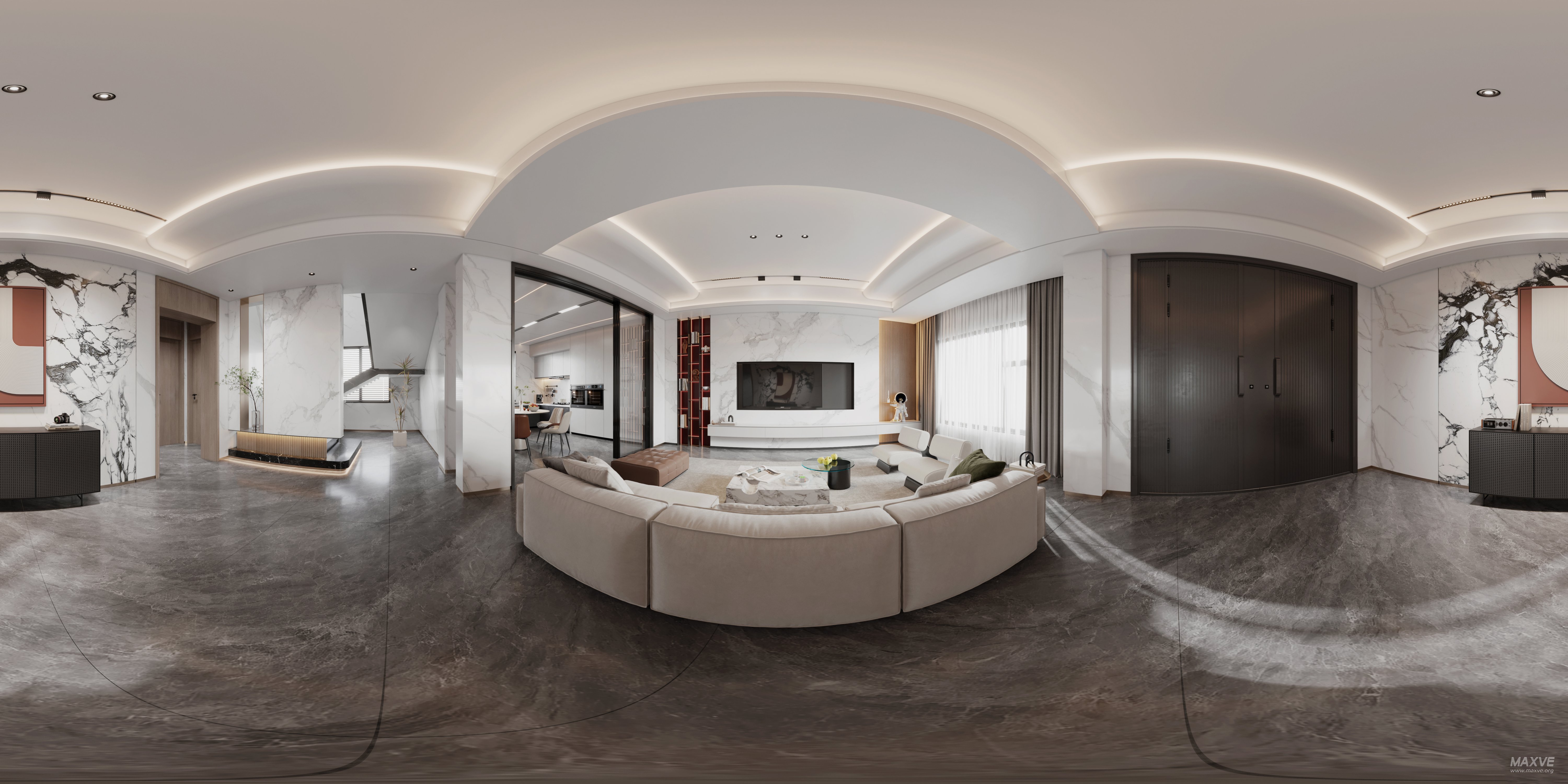 Modern living room and dining room interior scene - 360° Thumbnail