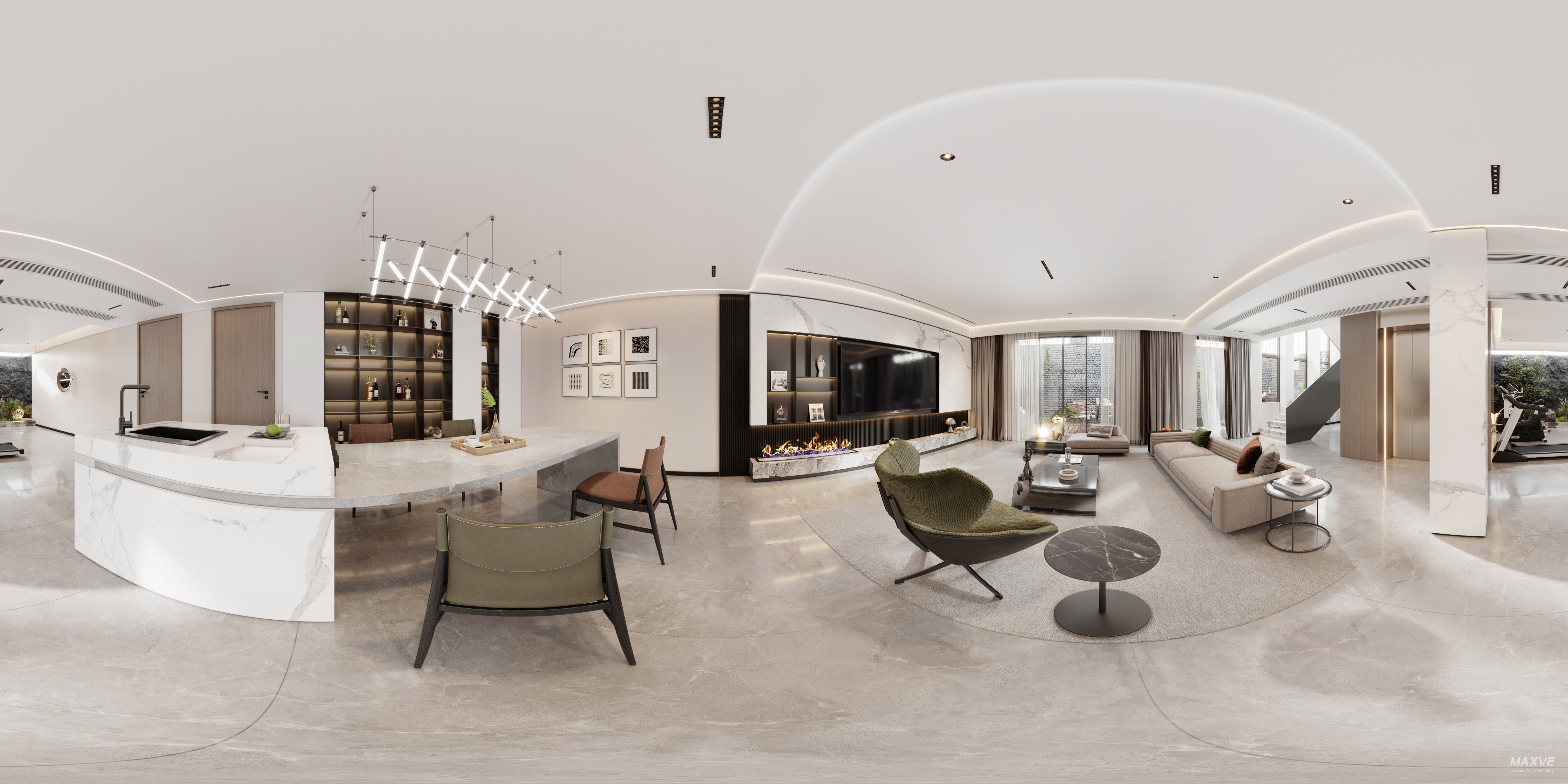 Modern living room and dining room interior scene - 360° Thumbnail