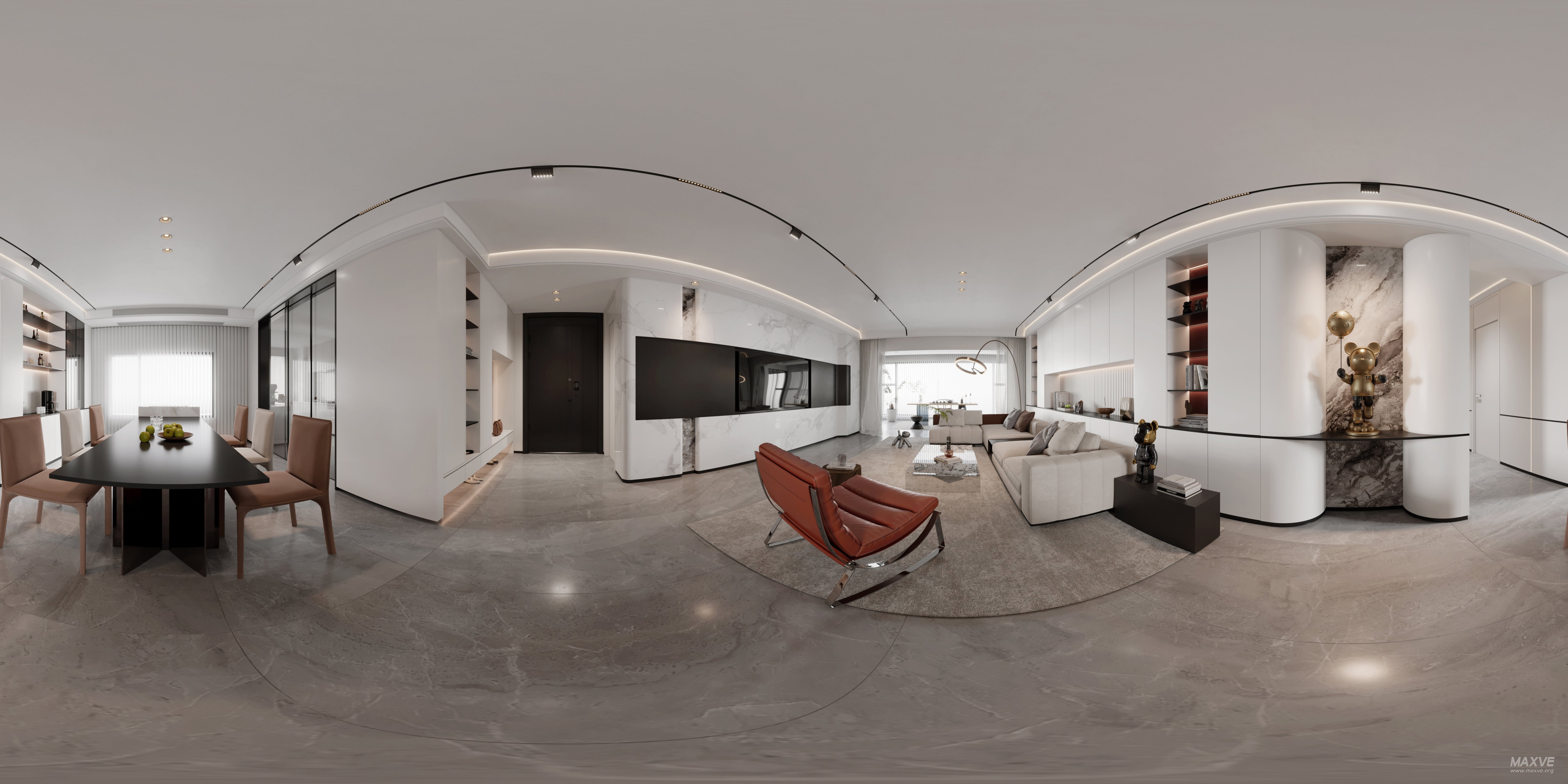 Modern living room and dining room interior scene - 360° Thumbnail