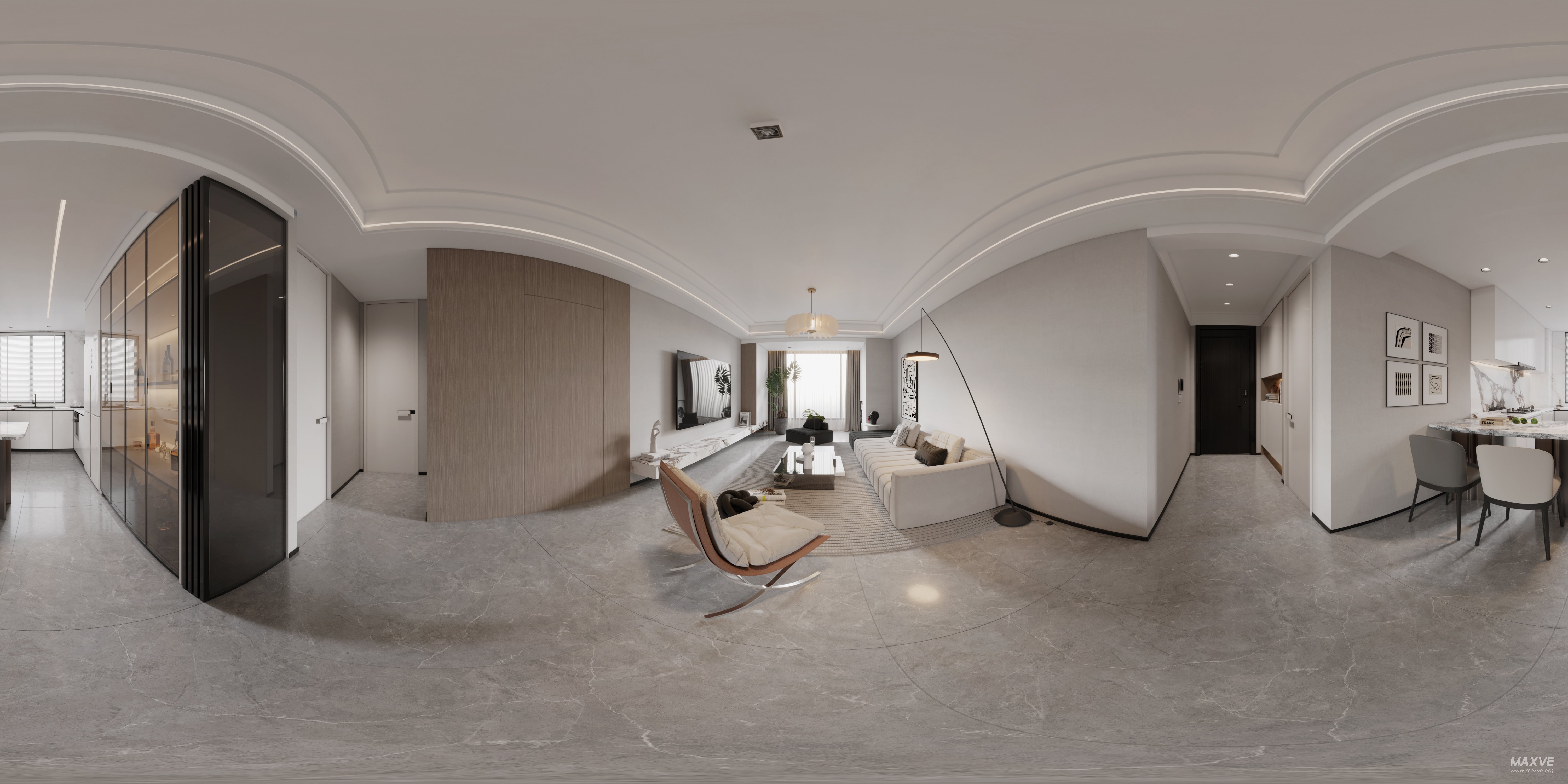 Modern living room and dining room interior scene - 360° Thumbnail