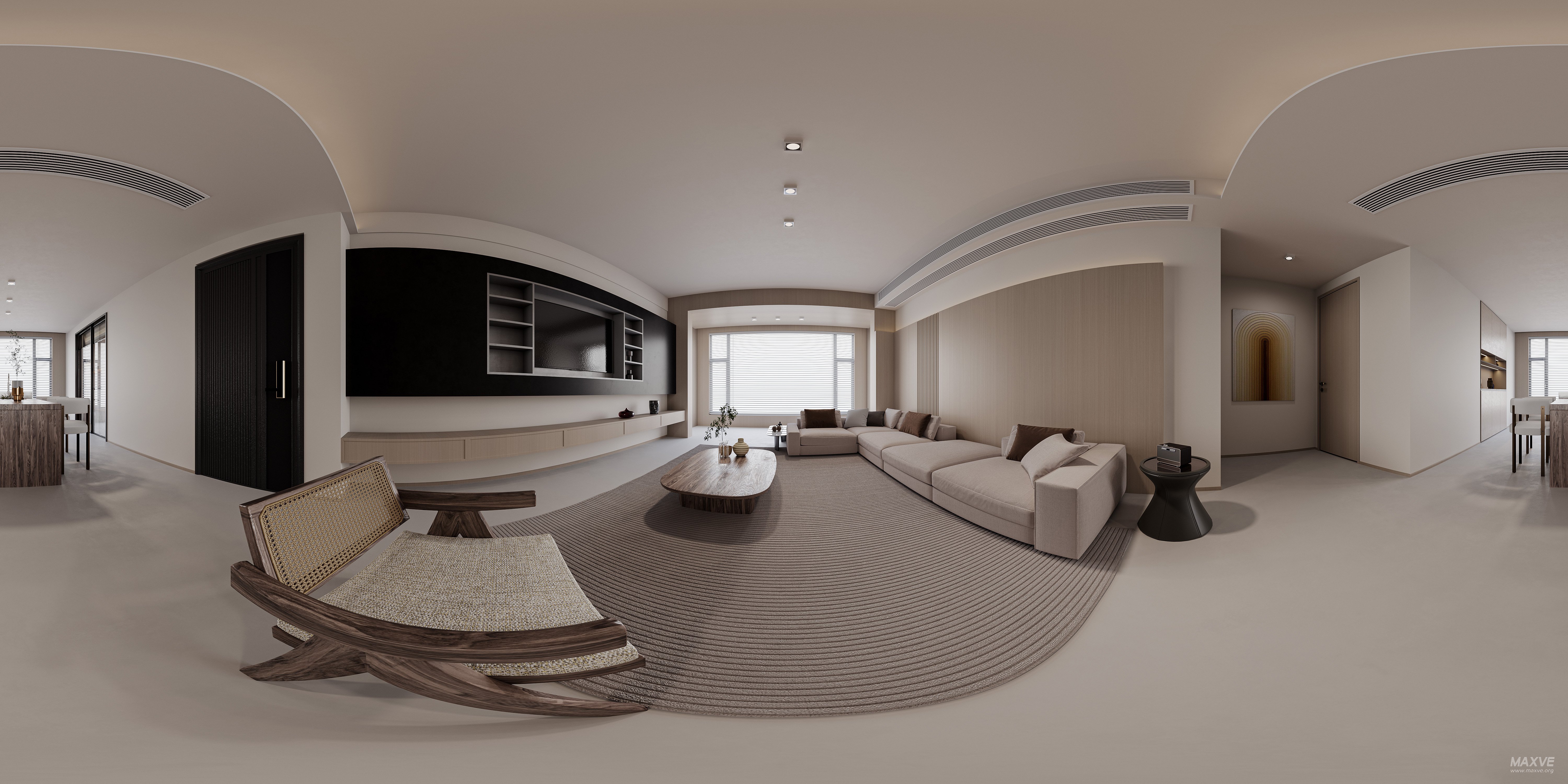 Modern living room and dining room interior scene - 360° Thumbnail