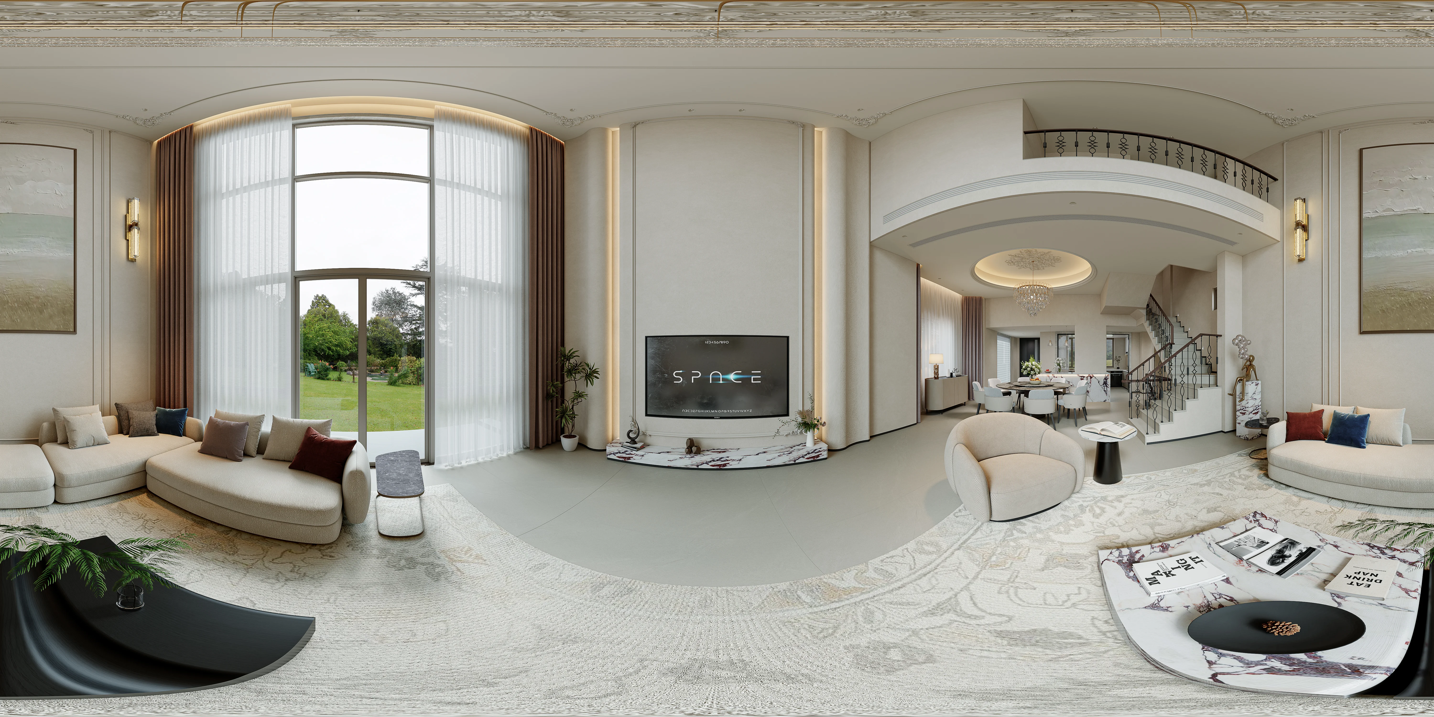 Eclectic villa living room and dining room interior - 360° Thumbnail
