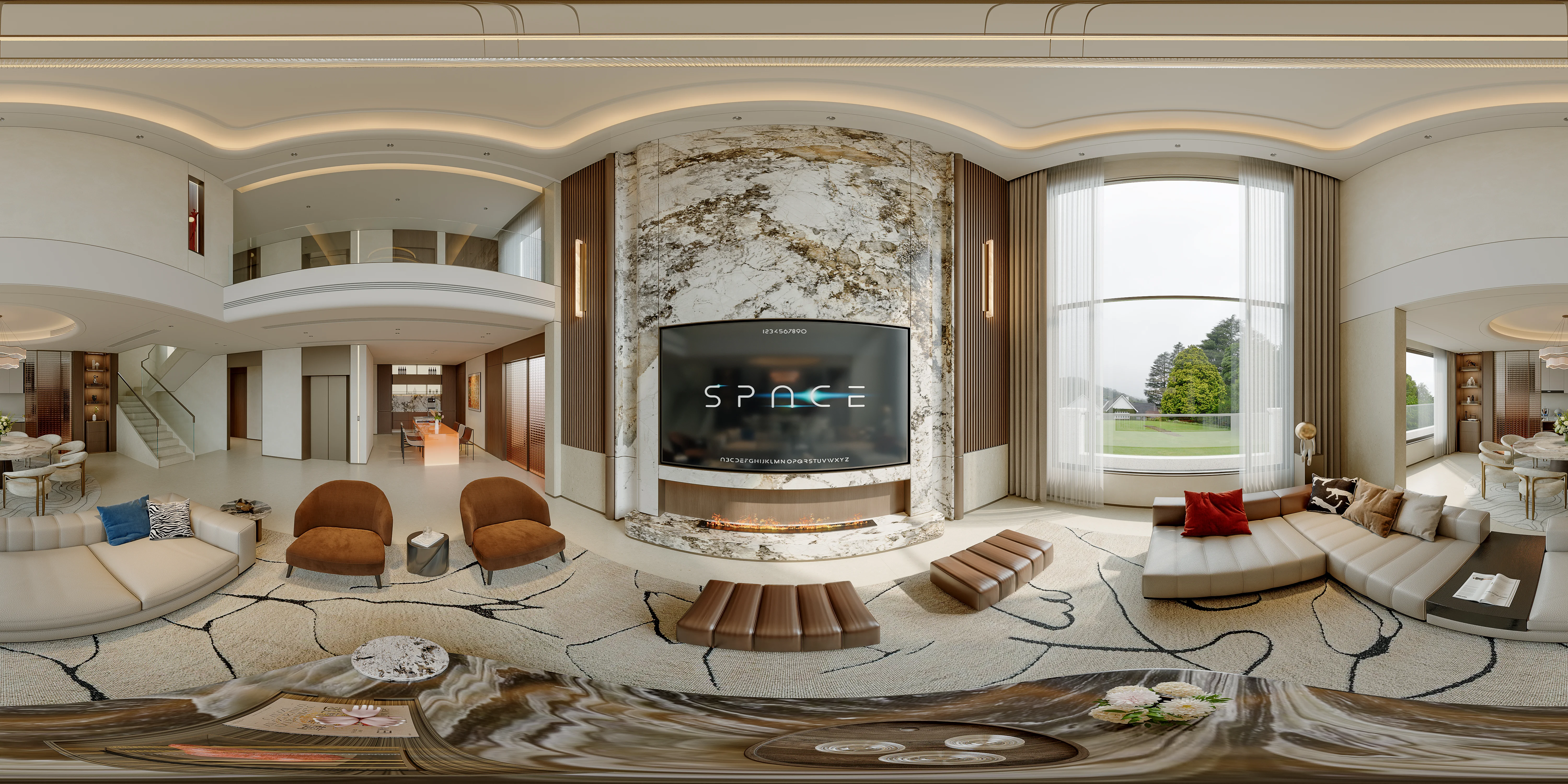 Modern villa living room and dining room interior - 360° Thumbnail