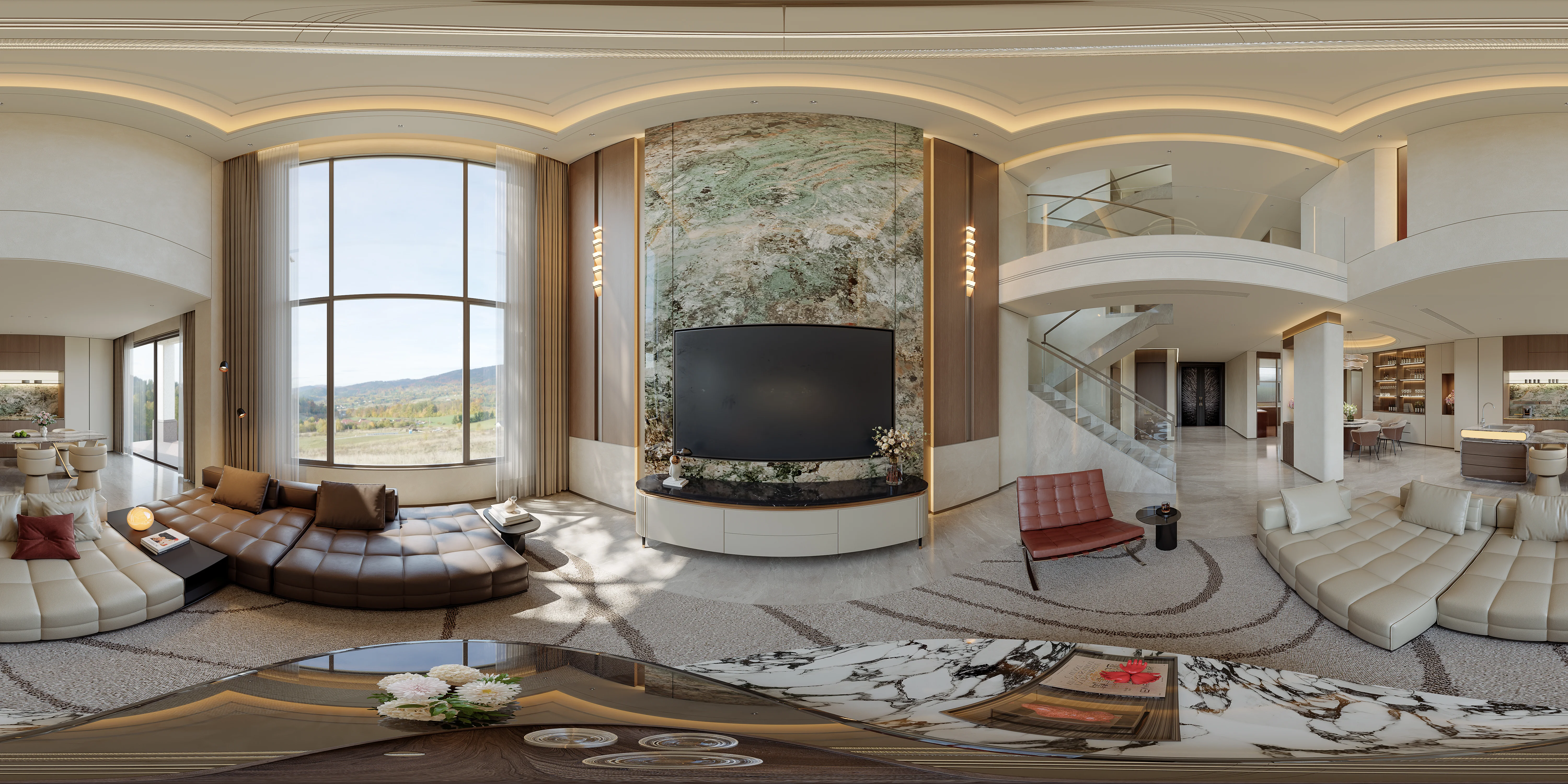 Modern villa living room and dining room interior - 360° Thumbnail