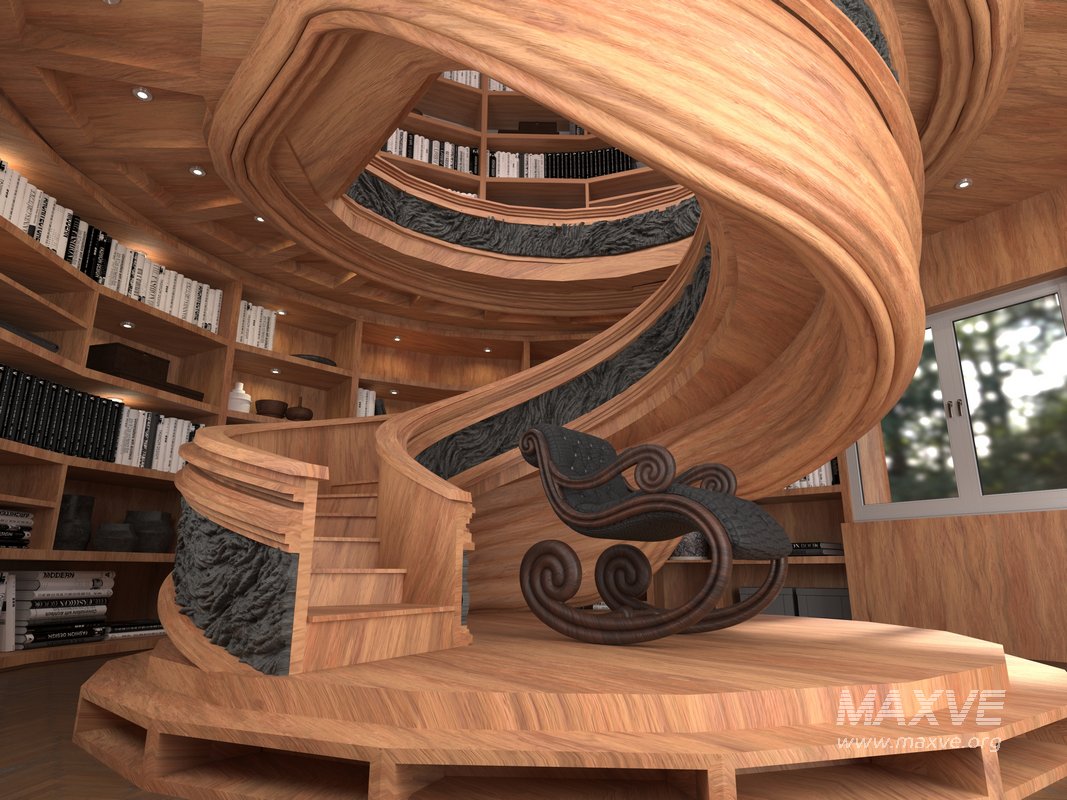 wooden spiral staircase in a room with bookshelves - Image 2
