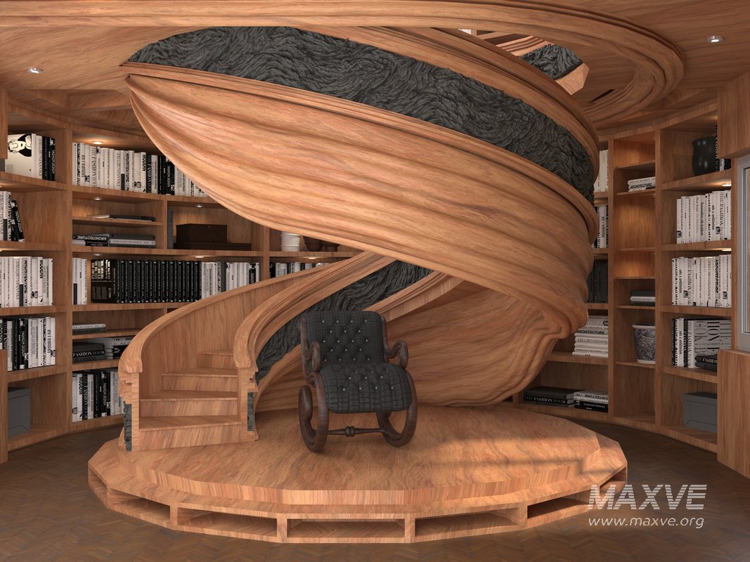 wooden spiral staircase in a room with bookshelves - Image 1