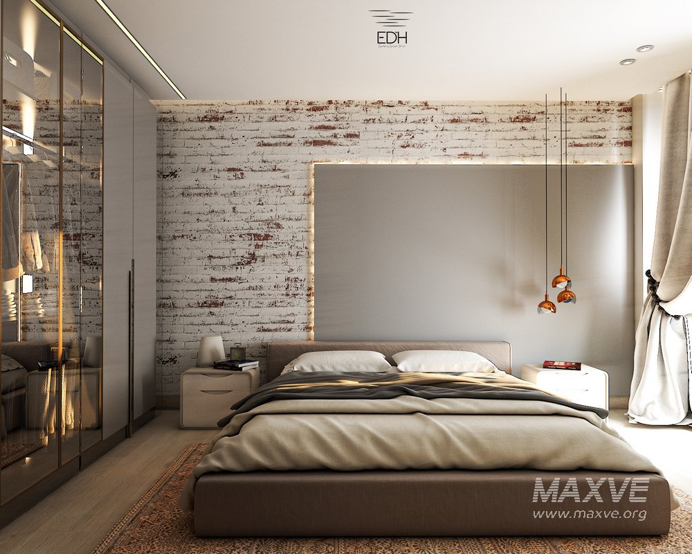 3D Bedroom scene with brick wall - Image 1