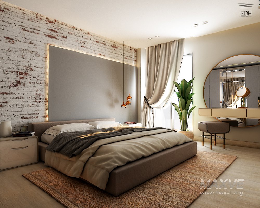 3D Bedroom scene with brick wall - Image 4
