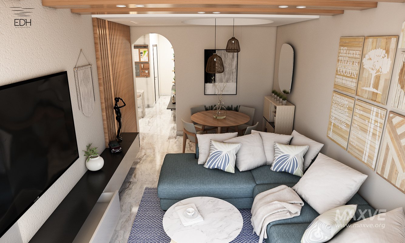 3D Scene of a cozy tiny Reception with dining table , Kitchen, and Entrance Lobby - Image 6