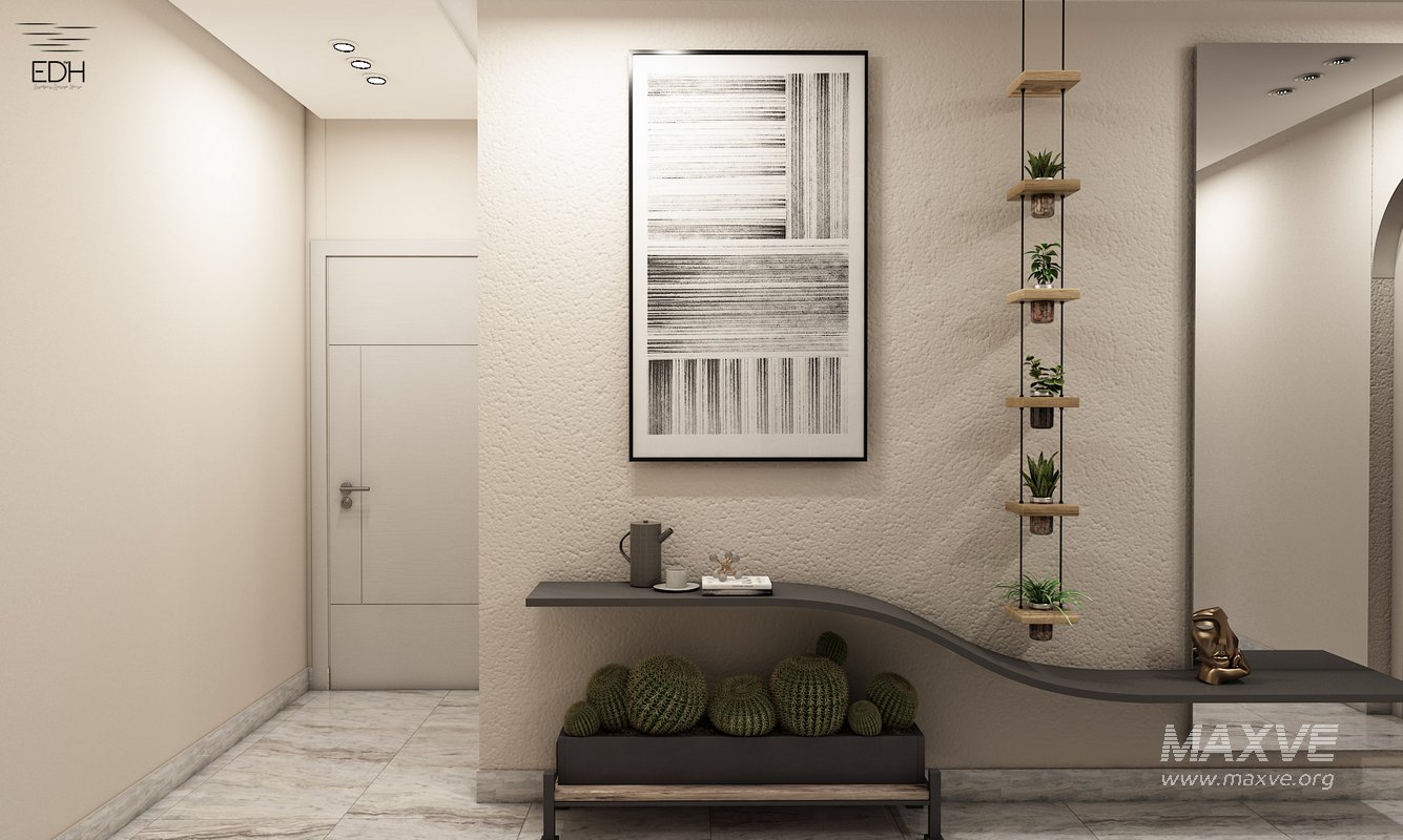 3D Scene of a cozy tiny Reception with dining table , Kitchen, and Entrance Lobby - Image 3