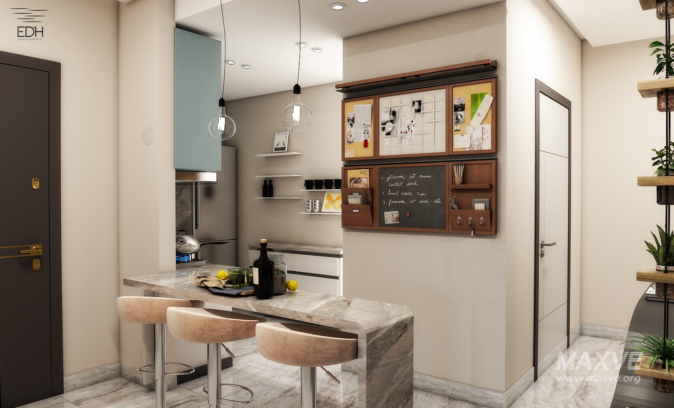 3D Scene of a cozy tiny Reception with dining table , Kitchen, and Entrance Lobby - Image 4