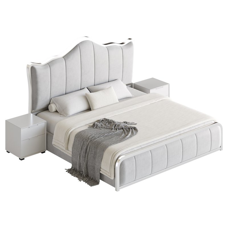 White Upholstered Bed with Headboard - Image 16
