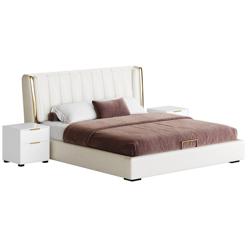 Beige Upholstered Wingback Modern bed I - Image 2