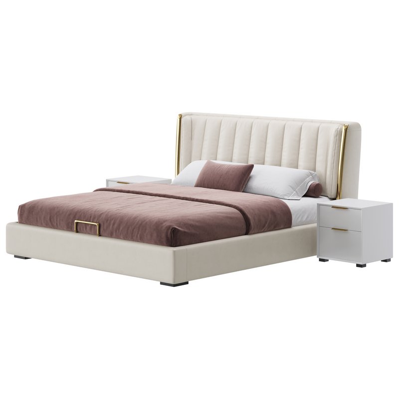 Beige Upholstered Wingback Modern bed I - Image 5