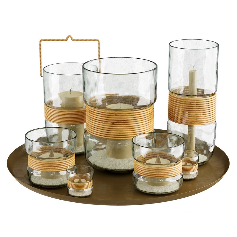 Palm Woven Rattan Glass Hurricane Candleholder - Image 1