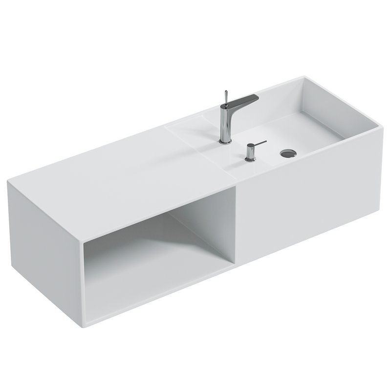 Mineral cast wall-mounted washbasin TWG36 in white with storage compartment on the left - Image 1
