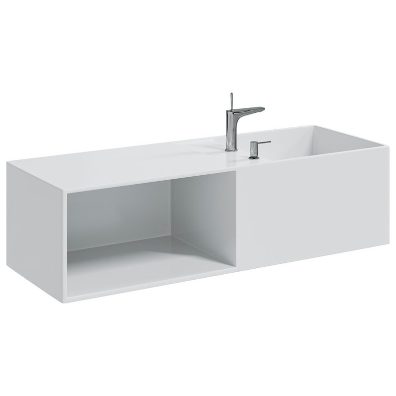 Mineral cast wall-mounted washbasin TWG36 in white with storage compartment on the left - Image 3