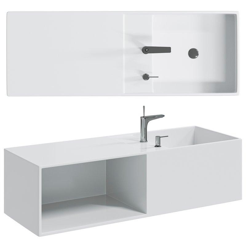 Mineral cast wall-mounted washbasin TWG36 in white with storage compartment on the left - Image 4