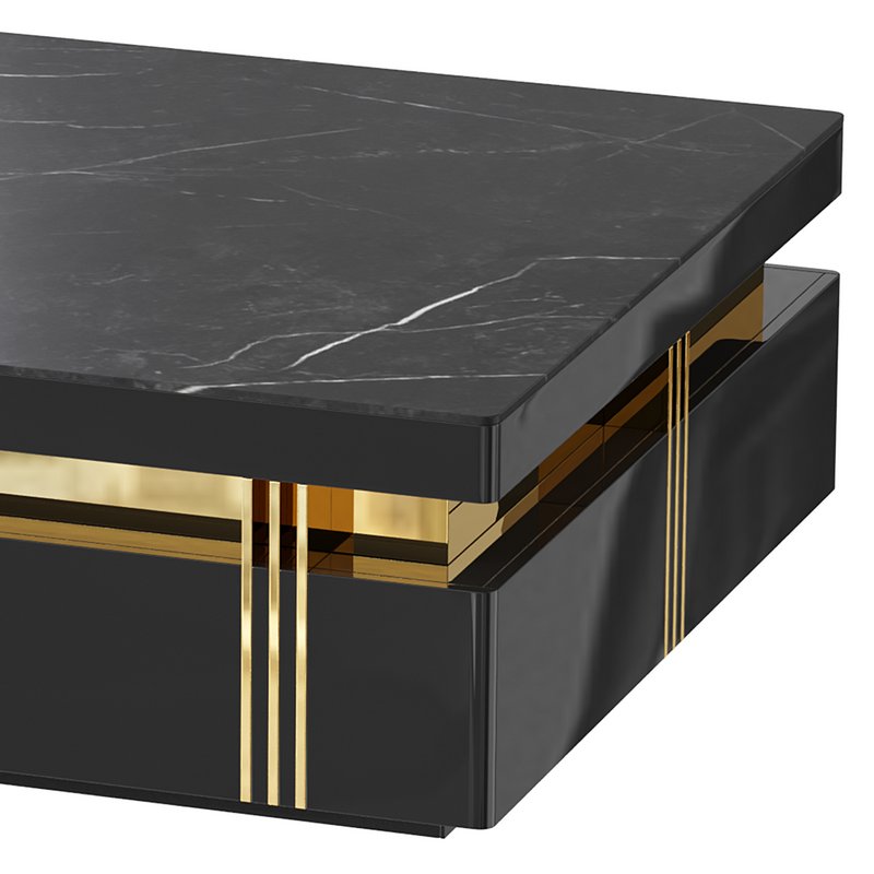 Trimied 43 Modern Black Square Storage Coffee Table Stone Top & 4 Wood Drawers - Image 4