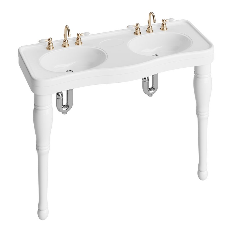 Double Basin Console Bathroom Sink White with 2 Spindle Legs and Overflow - Image 10