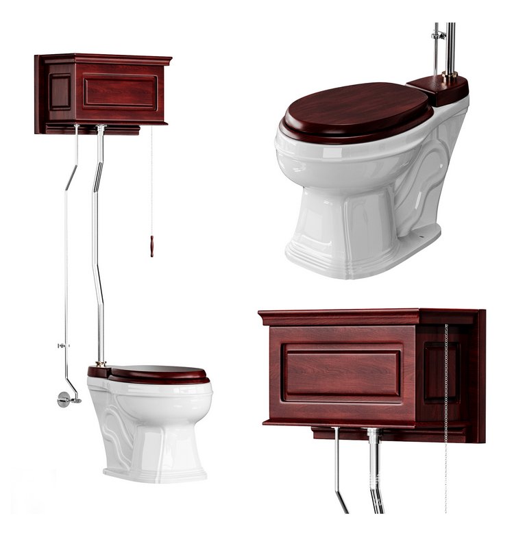Dark Oak High Tank Pull Chain Toilet Wooden Tank Round Bowl - Image 1