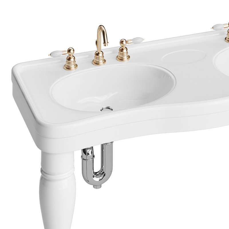 Double Basin Console Bathroom Sink White with 2 Spindle Legs and Overflow - Image 11