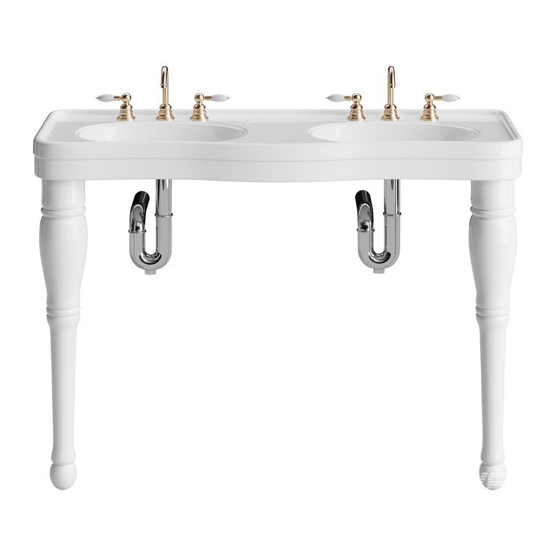 Double Basin Console Bathroom Sink White with 2 Spindle Legs and Overflow - Image 12
