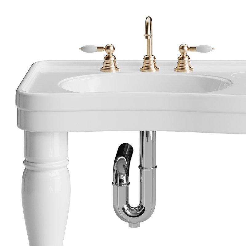 Double Basin Console Bathroom Sink White with 2 Spindle Legs and Overflow - Image 13
