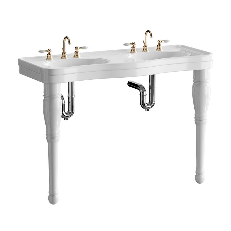 Double Basin Console Bathroom Sink White with 2 Spindle Legs and Overflow - Image 1