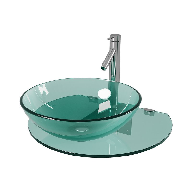 Corona 27 7 8 Glass Wall Mounted Bathroom Sink with Round Counter Faucet and Drain - Image 1