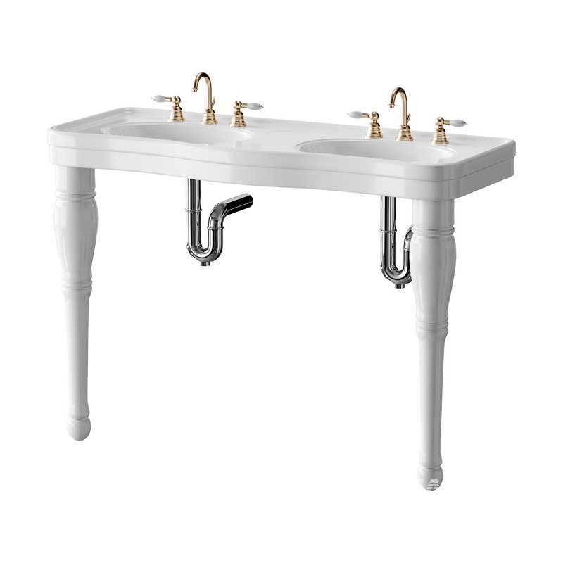Double Basin Console Bathroom Sink White with 2 Spindle Legs and Overflow - Image 3
