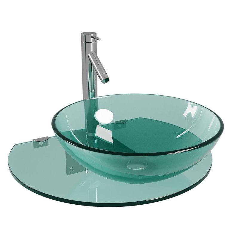 Corona 27 7 8 Glass Wall Mounted Bathroom Sink with Round Counter Faucet and Drain - Image 3