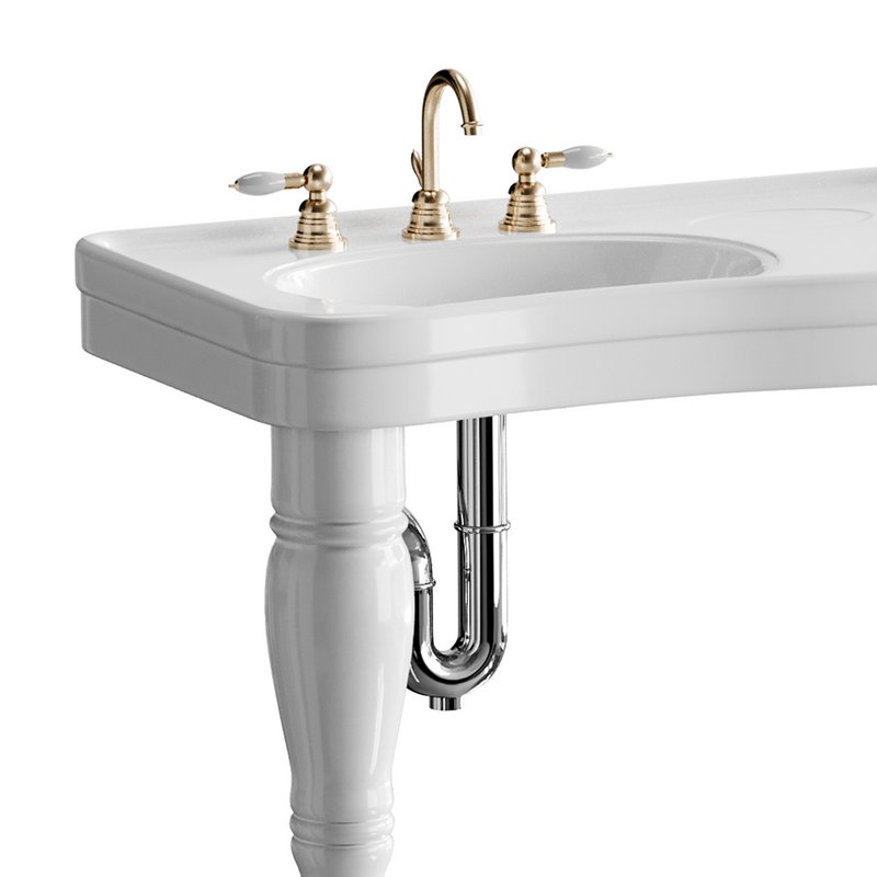Double Basin Console Bathroom Sink White with 2 Spindle Legs and Overflow - Image 2