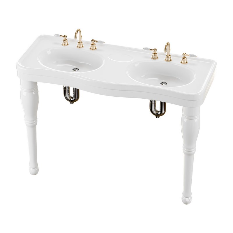 Double Basin Console Bathroom Sink White with 2 Spindle Legs and Overflow - Image 6