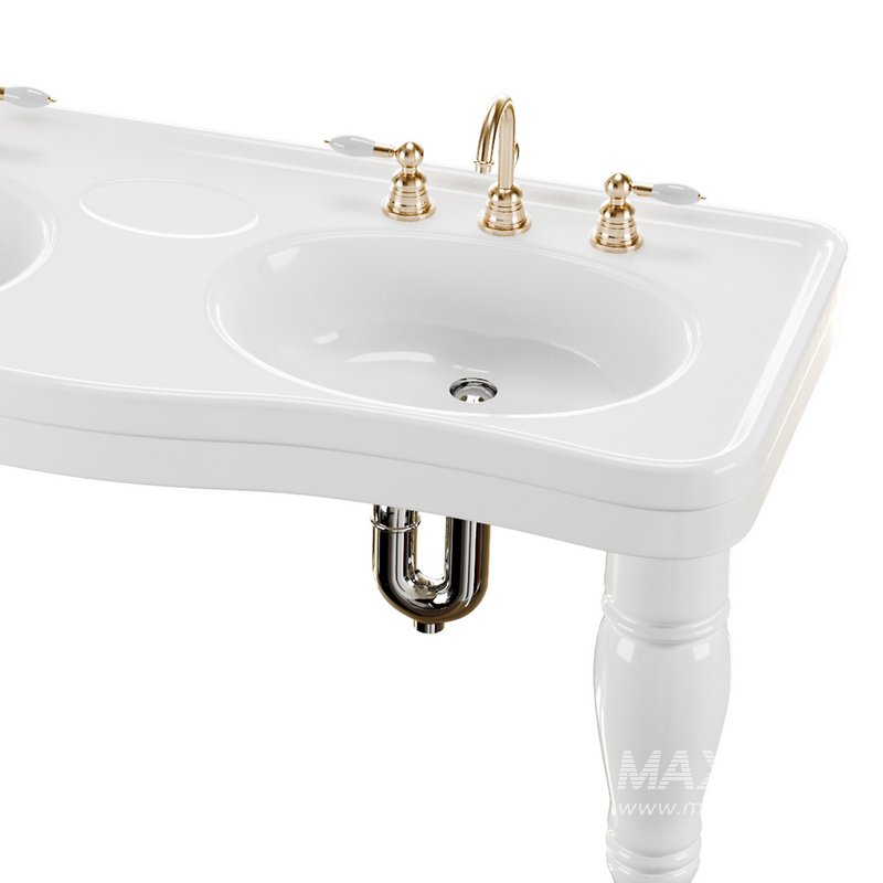 Double Basin Console Bathroom Sink White with 2 Spindle Legs and Overflow - Image 7