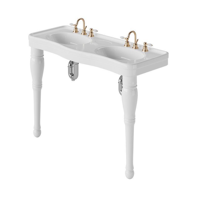 Double Basin Console Bathroom Sink White with 2 Spindle Legs and Overflow - Image 8