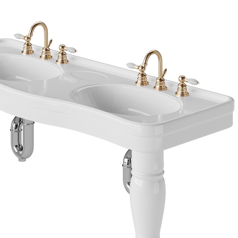 Double Basin Console Bathroom Sink White with 2 Spindle Legs and Overflow - Image 9