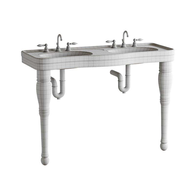 Double Basin Console Bathroom Sink White with 2 Spindle Legs and Overflow - Image 14
