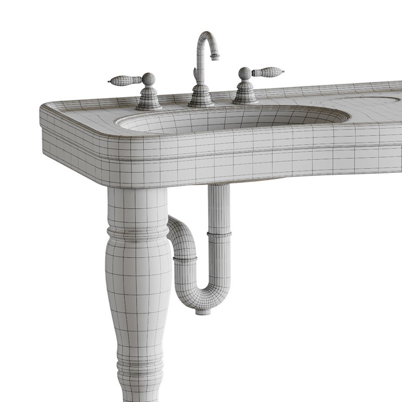 Double Basin Console Bathroom Sink White with 2 Spindle Legs and Overflow - Image 15