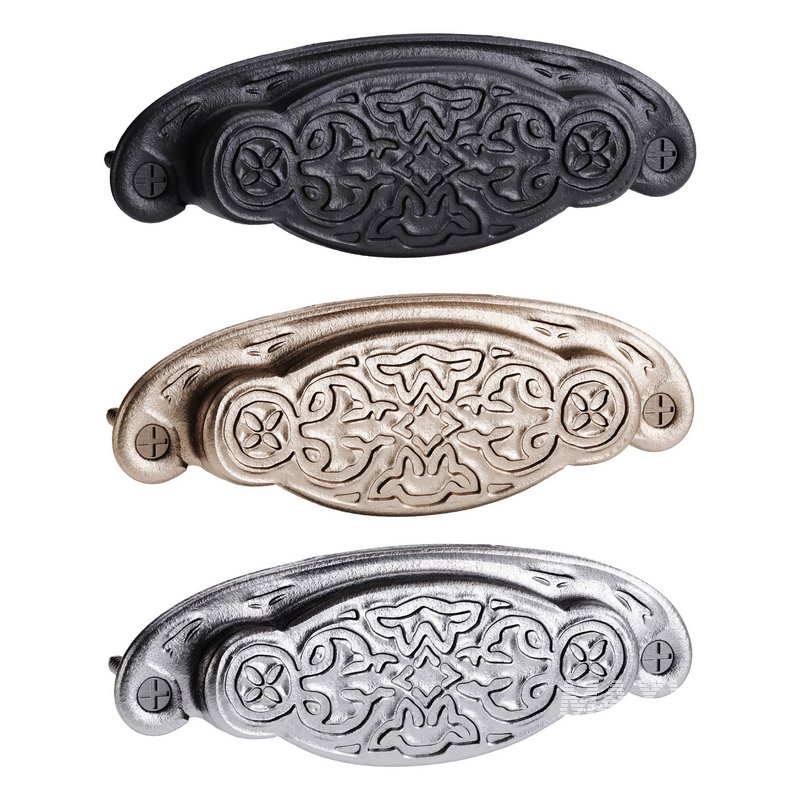 Black Floral Cabinet Drawer Cup Bin Pull Wrought Iron - Image 1