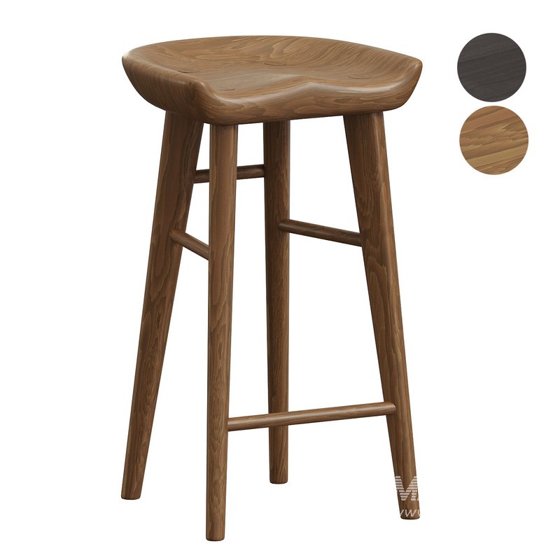 Solid Walnut Carved Seat Dowel Legs Bar Stool - Image 2