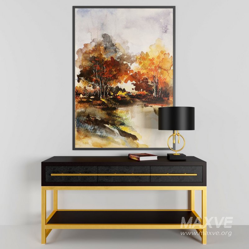 Console Table and Decor Painting of Autumn Trees - Image 1