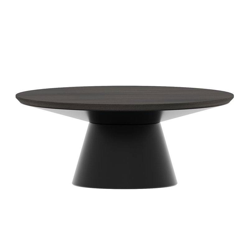 Black Metal Pedetal Base With Brown Wood Top Coffee Table - Image 1