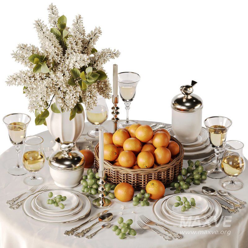 Elegant Dining Table with White Lilac Flowers and Fruit Basket - Image 2