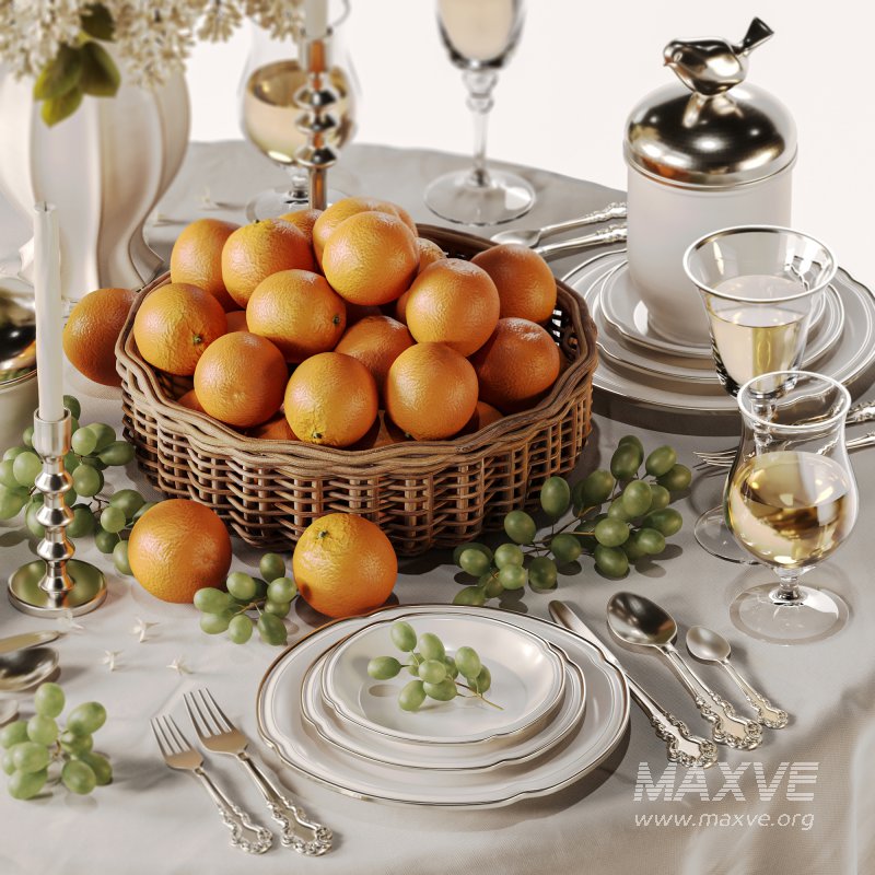 Elegant Dining Table with White Lilac Flowers and Fruit Basket - Image 4