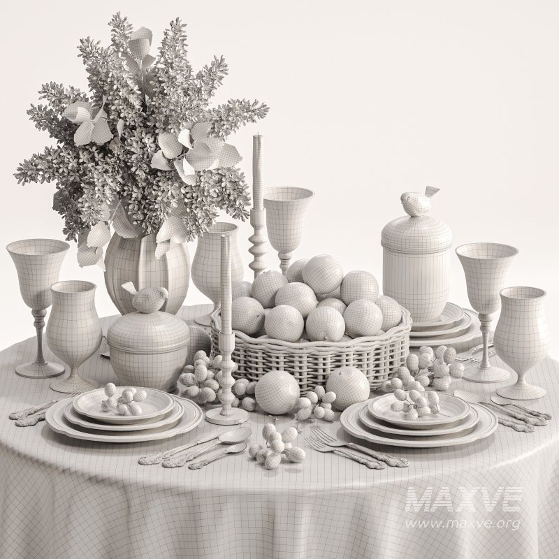Elegant Dining Table with White Lilac Flowers and Fruit Basket - Image 5